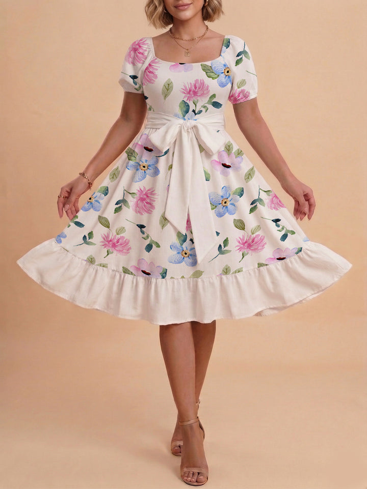 Damen A-Linien-Kleid mit floralen Motiven und taillierbarem Gürtel Echo Archiv