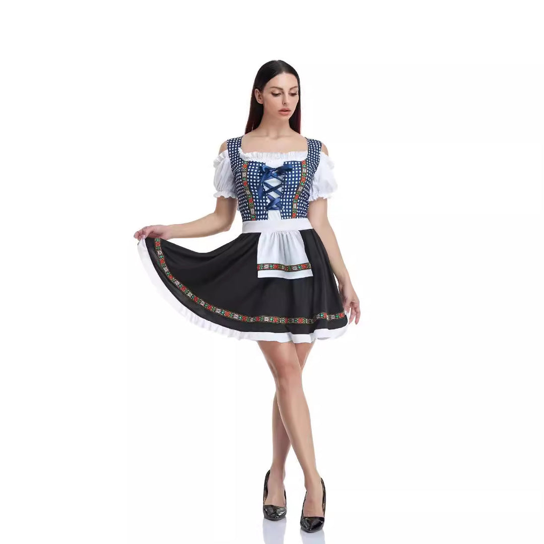 Damen  traditionelles bayerisches Dirndl mit geschnürtem Mieder, kurzer Rocklänge und Schürze Echo Archiv