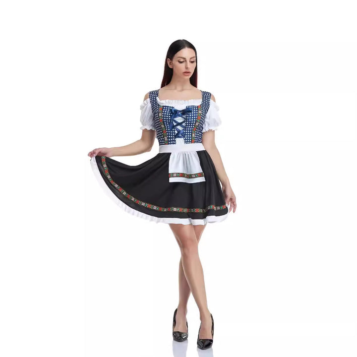 Damen  traditionelles bayerisches Dirndl mit geschnürtem Mieder, kurzer Rocklänge und Schürze Echo Archiv