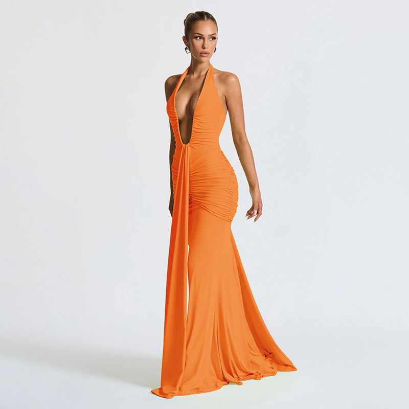 Damen Elegantes Maxi-Kleid mit tiefem V-Ausschnitt und Rüschendetails Echo Archiv