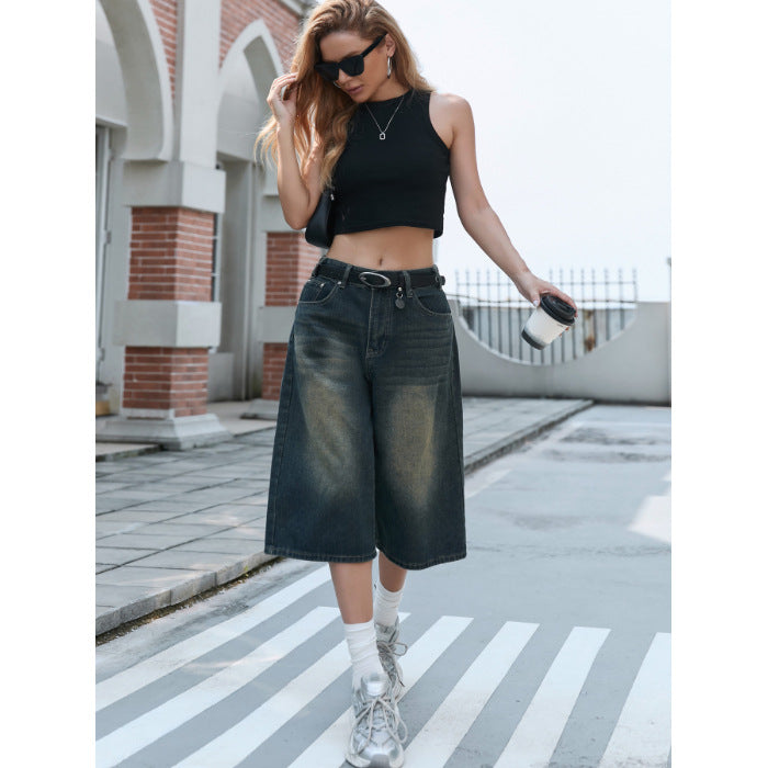 Damen Weite Denim-Culottes mit hohem Bund und praktischen Seitentaschen Echoarchiv