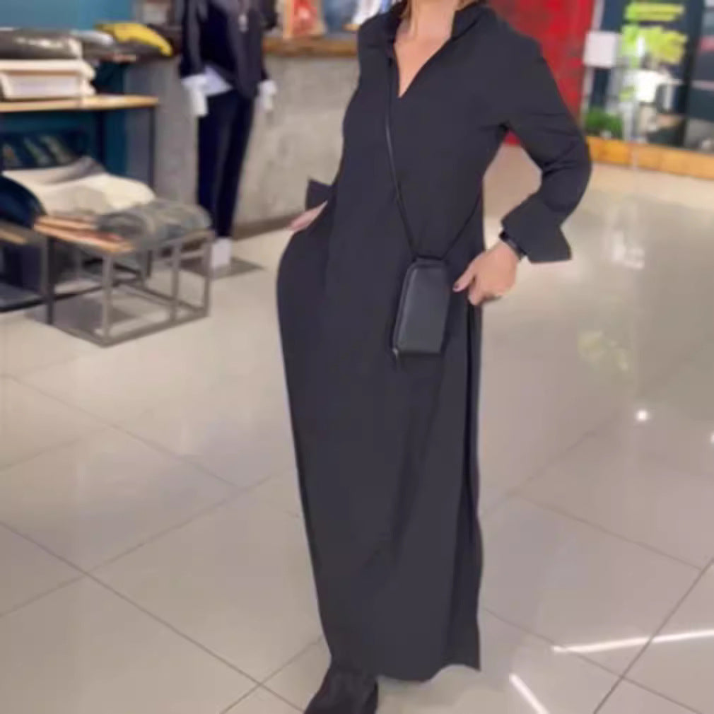 Damen Lange Maxi Kleid mit Stehkragen, Seitentaschen und Lockerem Fall Echoarchiv