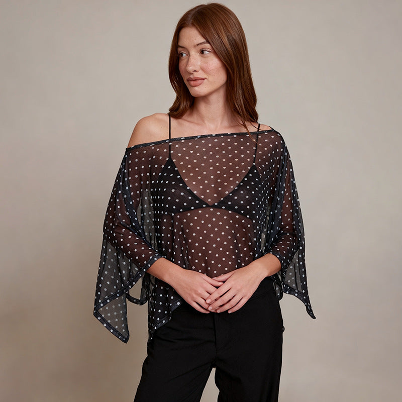 Damen transparentes Oberteil mit asymmetrischem Schnitt und Polka-Dots Echo Archiv