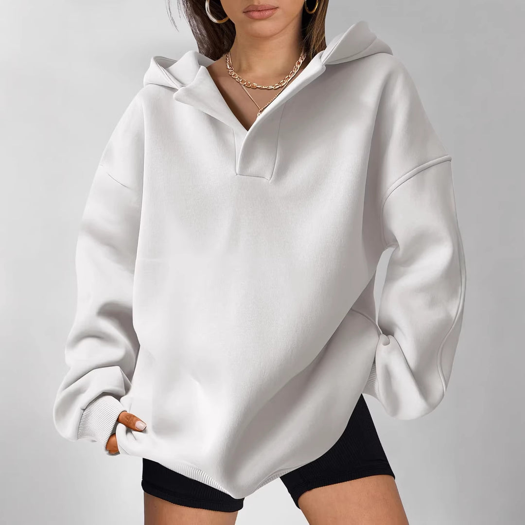 Damen Oversize-Kapuzenpullover aus schwerem Sweatstoff mit V‑Ausschnitt‑Detail und langen Rippbündchen – Auréline
