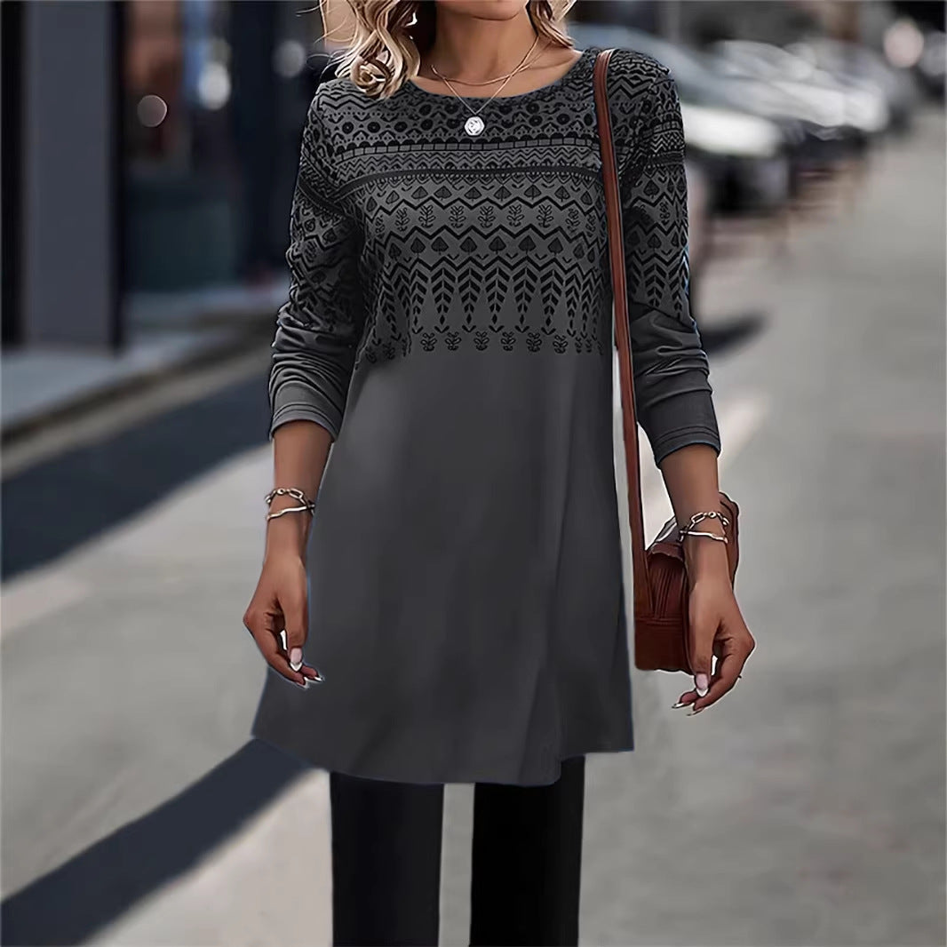Frauen Longline Tunika Kleid mit Ethno Druck und Rundhalsausschnitt Echoarchiv