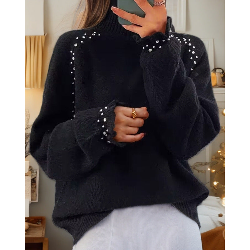 Damen nan Oversize Strickpullover mit Stehkragen und Perlendetails Echo Archiv