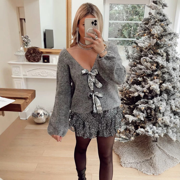 Damen Oversize-Strickcardigan mit V‑Ausschnitt und Pailletten‑Schleifen Echo Archiv