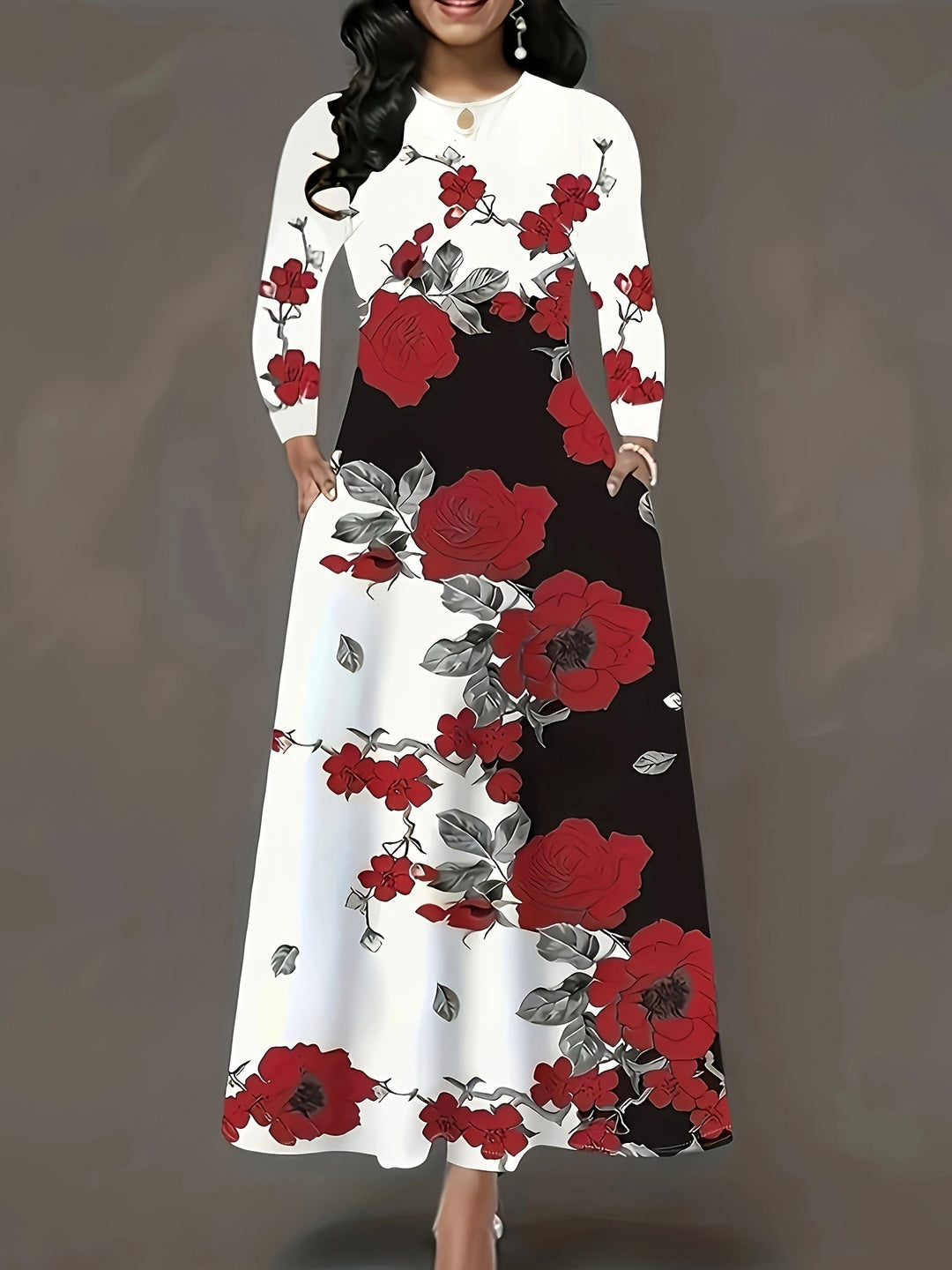 Damen Maxikleid mit floralem Allover-Print, A‑Linie, Langarm und Schlitzdetail – Valéora