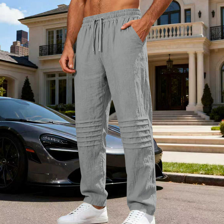 Herren Leinenoptik-Loungehose mit Tunnelzug elastischem Bund und abgesteppten Kniepanelen – Sorevano