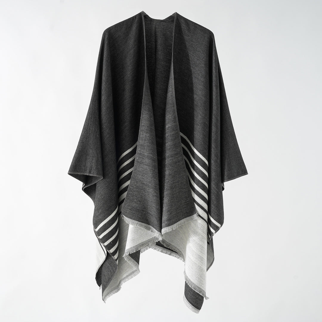 Damen Oversize-Umhangponcho im kastigen Fall mit diagonalem Streifenpanel und feinfransigem Saum Echo Archiv
