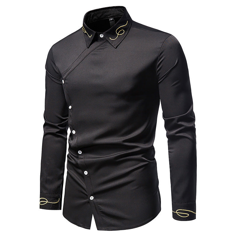 Herren Elegantes Langarmhemd mit asymmetrischem Knopfdesign und gesticktem Kragen Echoarchiv