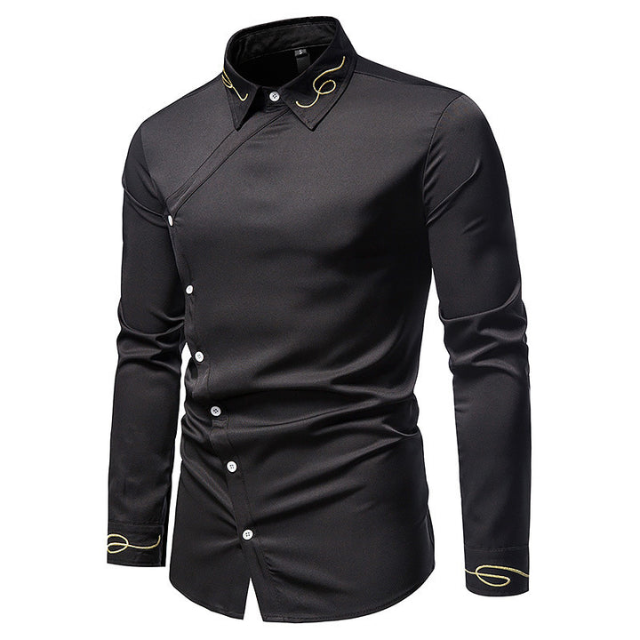 Herren Elegantes Langarmhemd mit asymmetrischem Knopfdesign und gesticktem Kragen Echoarchiv