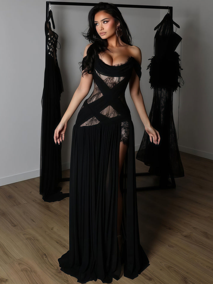 Damen Elegantes Spitzenkleid mit tiefem Schlitz und trägerlosem Schnitt Echo Archiv