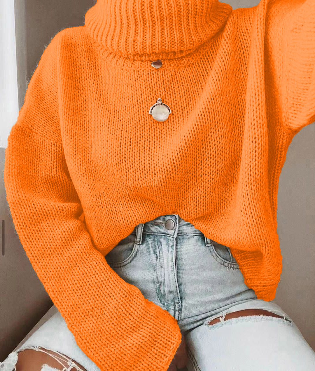 Damen Oversize Rollkragenpullover grobgestrickt mit weitem Schnitt Echoarchiv