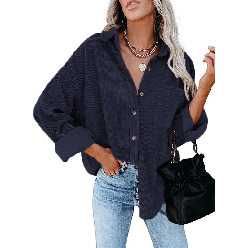 Damen Oversize Cordhemdjacke mit Brusttasche und durchgehender Knopfleiste – Célinea