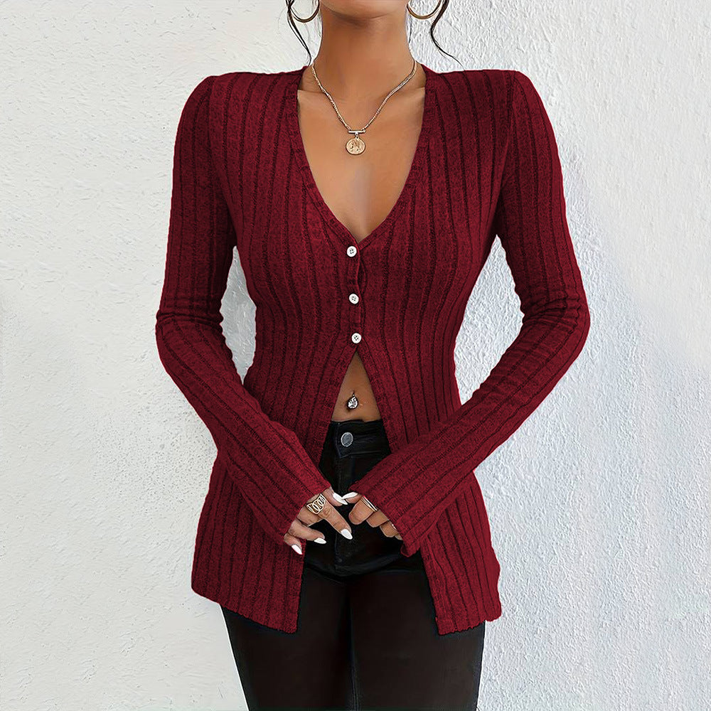 Damen gerippter V-Ausschnitt-Cardigan mit Knopfleiste taillierter Longline-Silhouette – Veloura