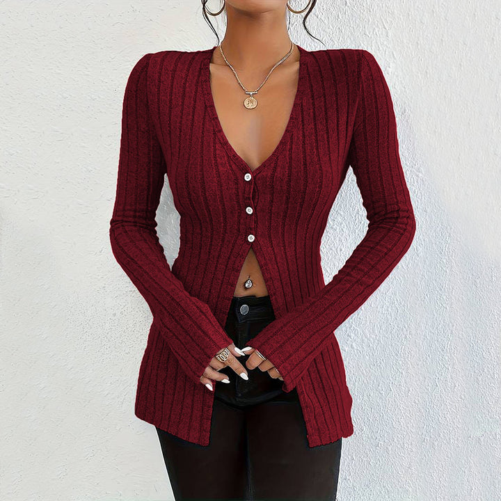 Damen gerippter V-Ausschnitt-Cardigan mit Knopfleiste taillierter Longline-Silhouette – Veloura