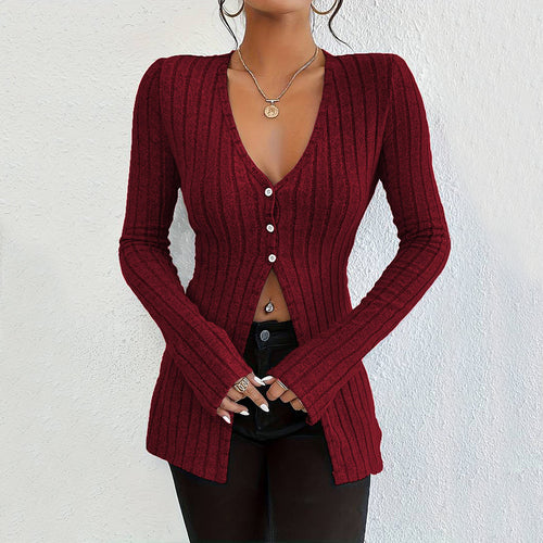 Damen gerippter V-Ausschnitt-Cardigan mit Knopfleiste taillierter Longline-Silhouette – Veloura