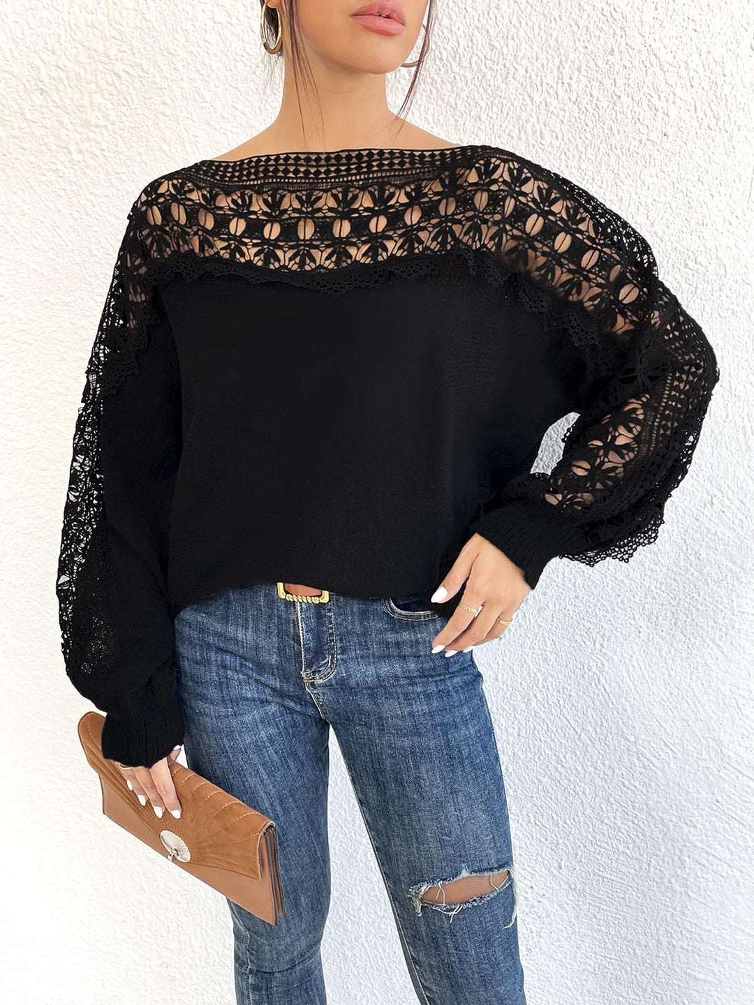 Damen lässiger Pullover mit einzigartigem Häkel-Ausschnitt Echo Archiv