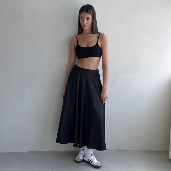 Damen Fließender Satin-Midirock mit hohem Bund und Tellerfalten Echoarchiv