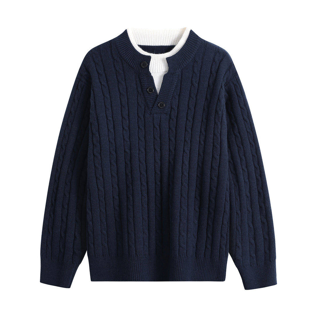 Damen Oversize Zopfstrick-Pullover mit Henley‑Kragen und Kontrastinnenkragen Echoarchiv