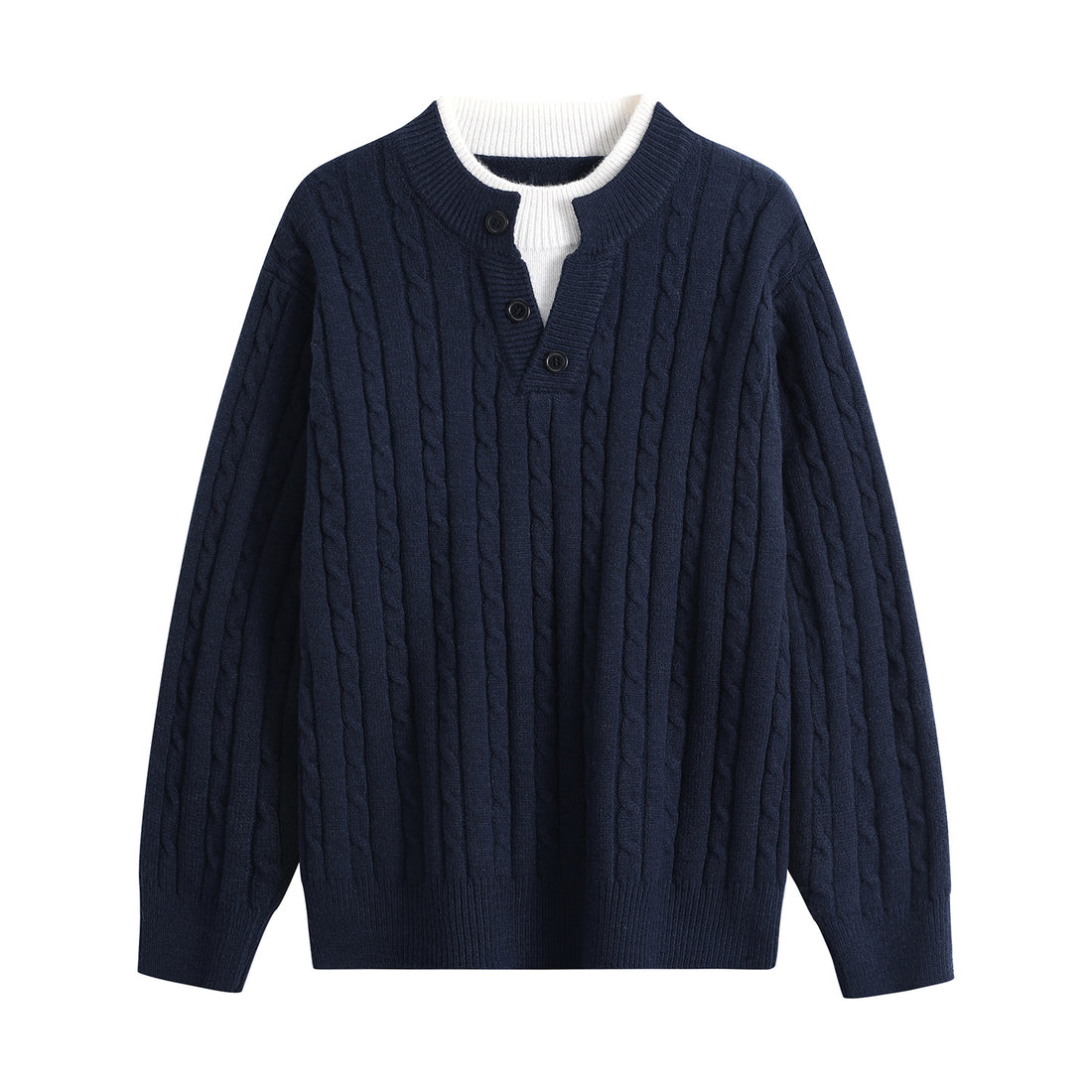 Damen Oversize Zopfstrick-Pullover mit Henley‑Kragen und Kontrastinnenkragen Echoarchiv