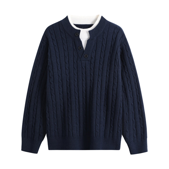 Damen Oversize Zopfstrick-Pullover mit Henley‑Kragen und Kontrastinnenkragen Echoarchiv