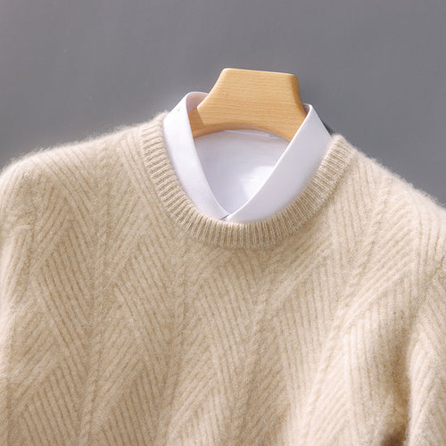 Herren strukturierter Rundhalspullover aus weichem Wollmix mit Chevron‑Strick Echoarchiv