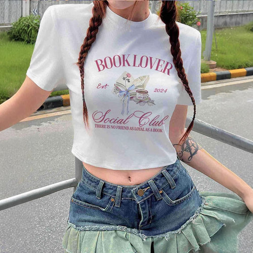 Damen Crop-T-Shirt mit kreativem Buchliebhaber-Design und modernem Aufdruck Echo Archiv