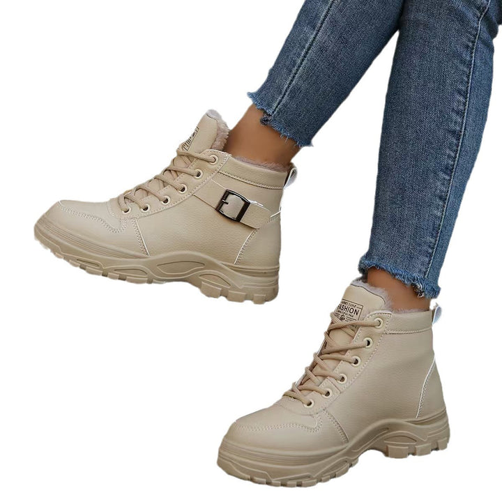Damen  gefütterte Plateau-Schnürstiefelette mit dekorativer Metallschnalle und profilierter Gummilaufsohle Echo Archiv