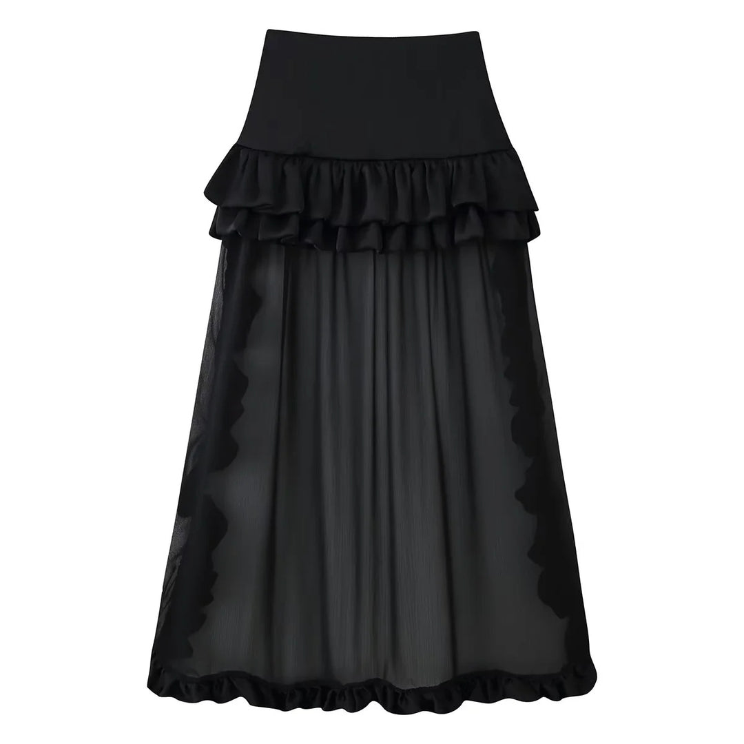 Damen Maxirock mit hoher Taille, mehrlagigen Volants und transparentem Tüll-Overlay – Valéora