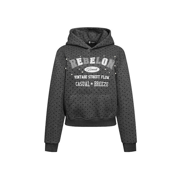 Damen Kapuzenpullover mit Polka-Dot, College-Print und geripptem Saum Echoarchiv