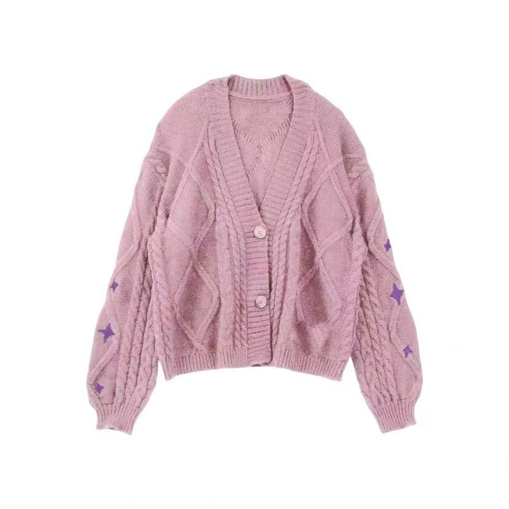 Damen nan oversize Strickcardigan mit Zopfmuster und Sternapplikationen V-Ausschnitt Knopfleiste Echo Archiv