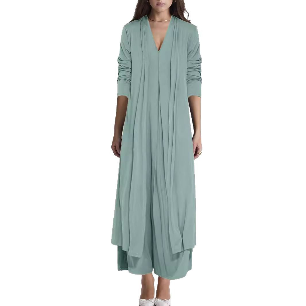 Damen Langer Offener Jersey-Cardigan mit Eingrifftaschen und fließender Drapierung – Veloura