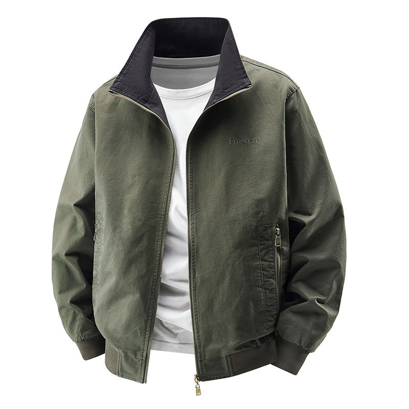 Men's zip-up cotton twill bomber jacket with contrasting stand collar and ribbed cuffs – Brevano