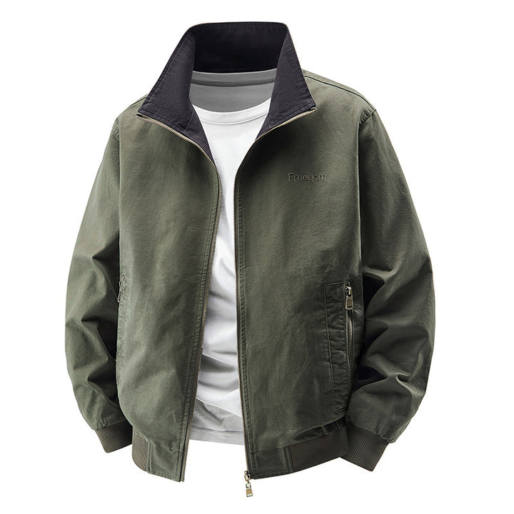 Men's zip-up cotton twill bomber jacket with contrasting stand collar and ribbed cuffs – Brevano