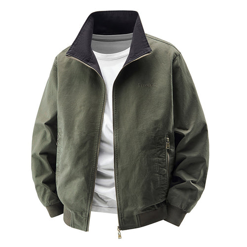 Men's zip-up cotton twill bomber jacket with contrasting stand collar and ribbed cuffs – Brevano