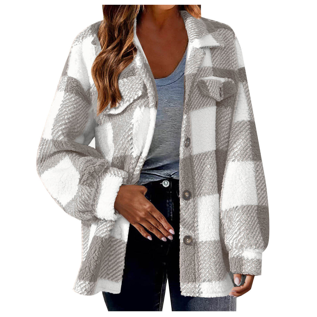 Damen nan kuschelige Sherpa-Karo-Übergangsjacke mit Brusttaschen und großzügigem Oversize-Schnitt Echo Archiv