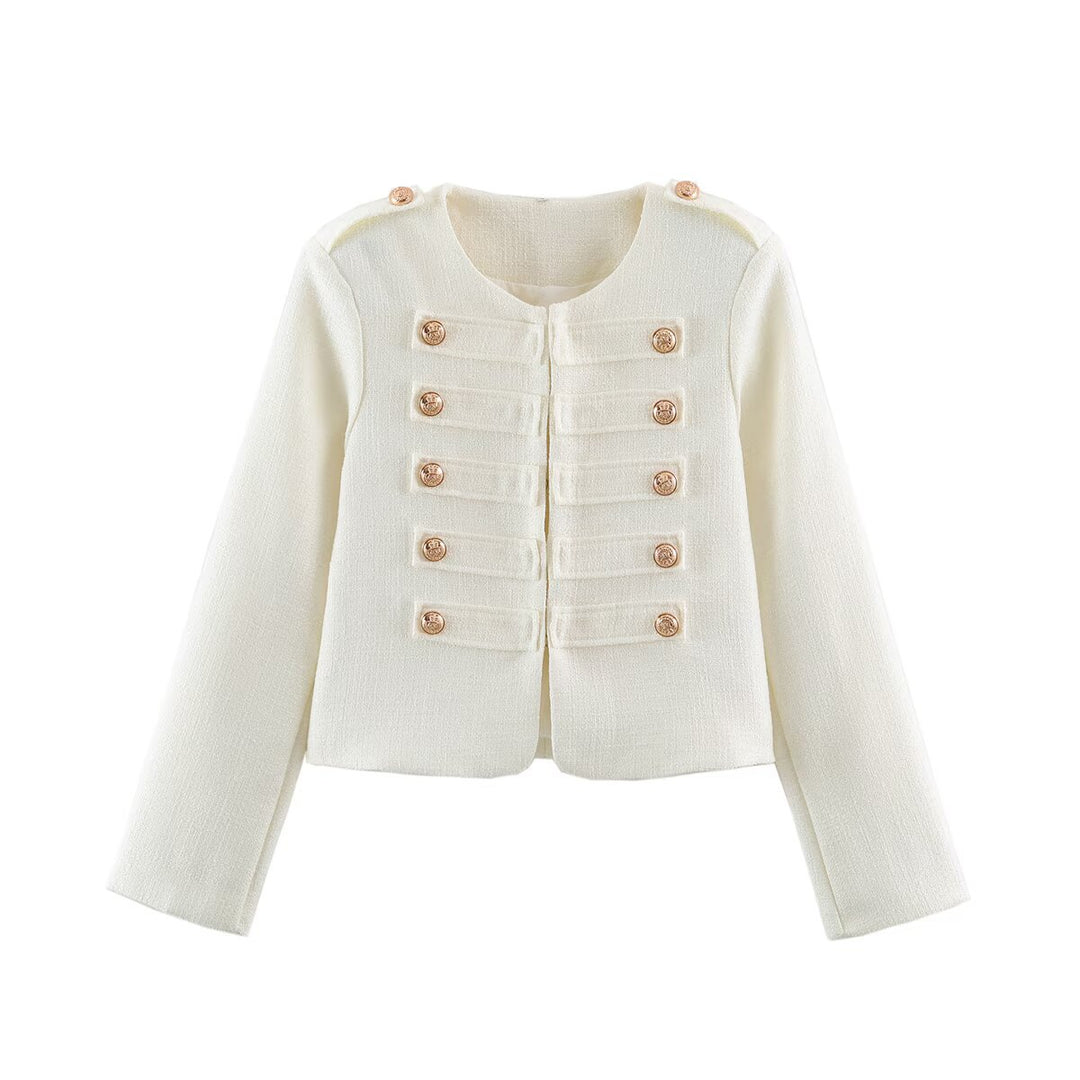 Damen Kurze Bouclé-Jacke im Militärstil mit Zierleisten und goldenen Knöpfen Echoarchiv