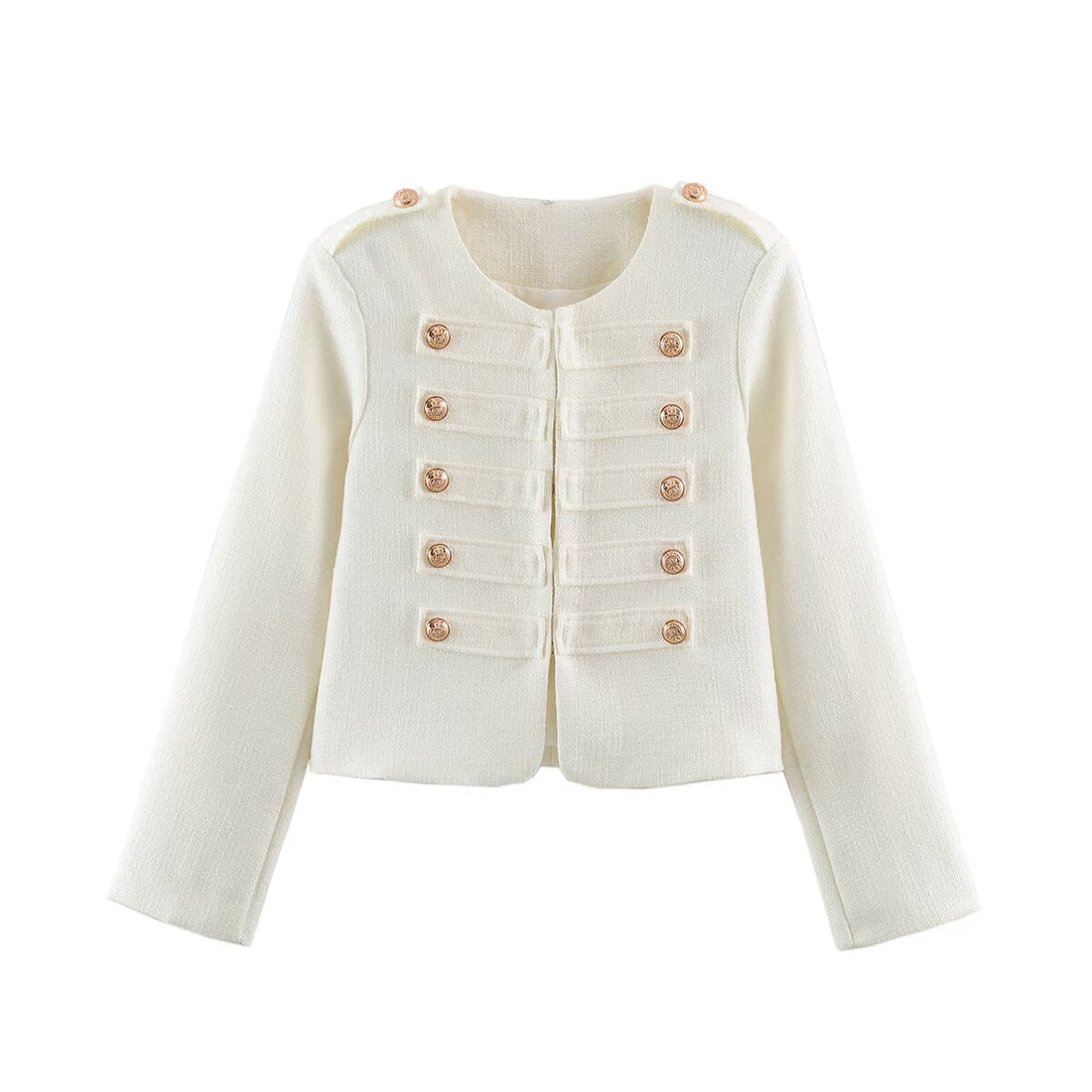 Damen Kurze Bouclé-Jacke im Militärstil mit Zierleisten und goldenen Knöpfen Echoarchiv