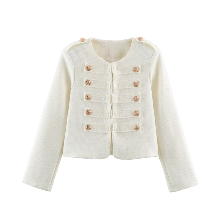 Damen Kurze Bouclé-Jacke im Militärstil mit Zierleisten und goldenen Knöpfen Echoarchiv
