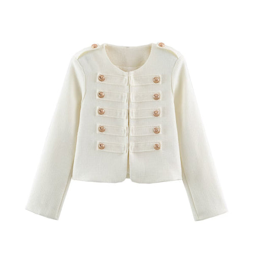 Damen Kurze Bouclé-Jacke im Militärstil mit Zierleisten und goldenen Knöpfen Echoarchiv