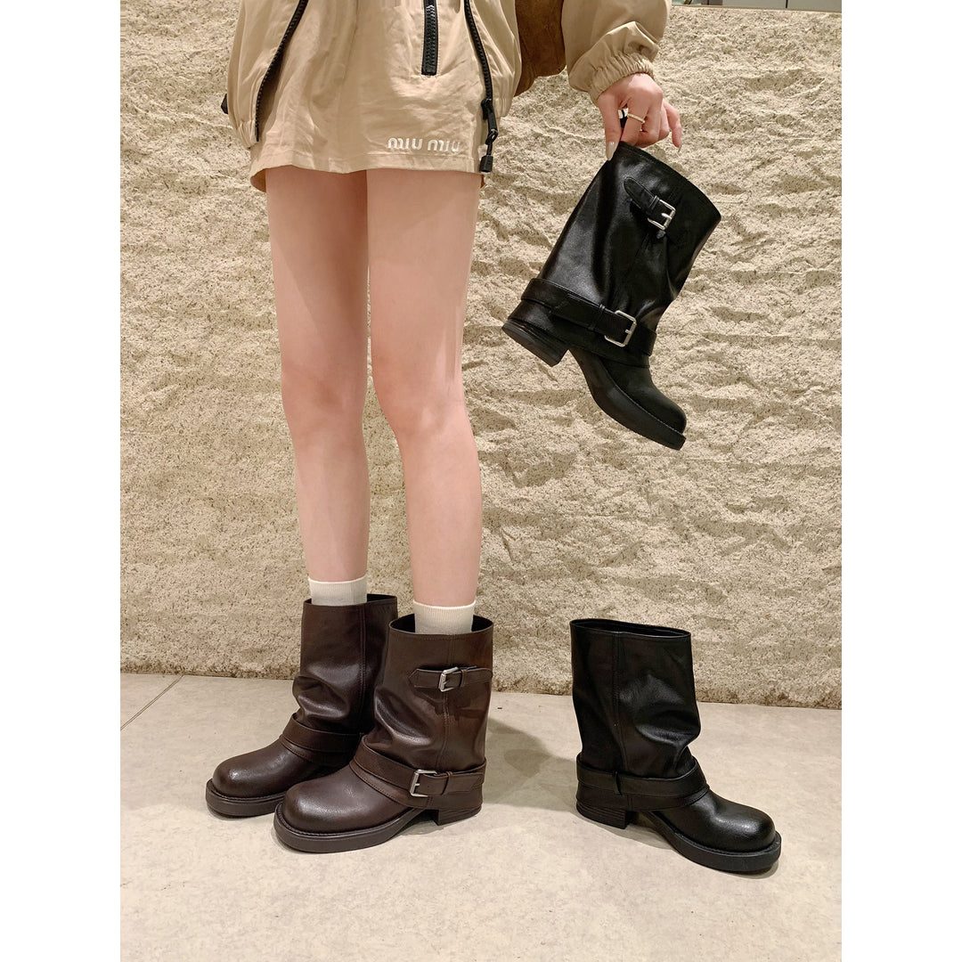 Damen Wadenhohe Bikerstiefel aus Glattleder mit Doppelschnallen und gerafftem Schaft Echo Archiv