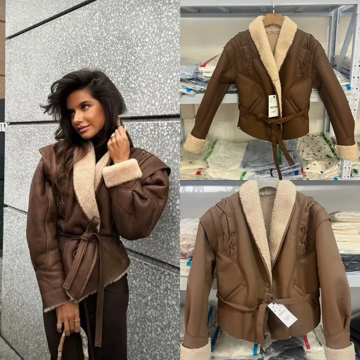 Damen nan taillierte Kunstlederjacke mit Sherpa-Futter, Wickelgürtel und seitlichen Schnürdetails Echo Archiv