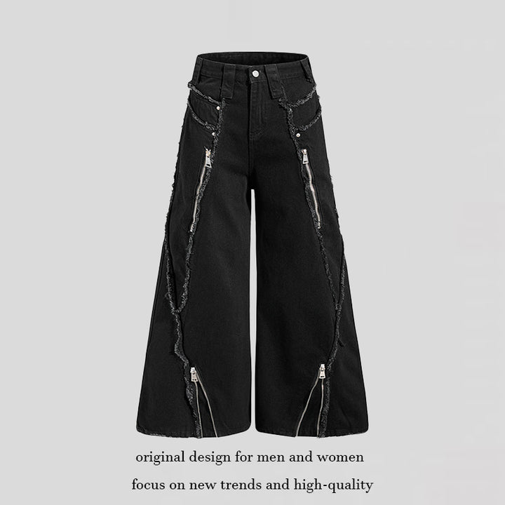 Damen weite Denim-Culotte mit Fransen-Details und Zipper-Akzenten Echoarchiv