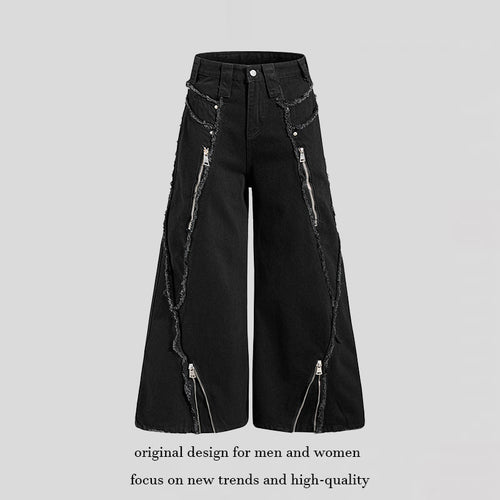 Damen weite Denim-Culotte mit Fransen-Details und Zipper-Akzenten Echoarchiv