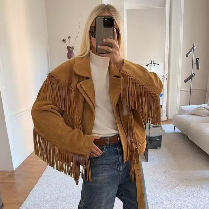 Damen Wildlederoptik Fransenjacke mit Oversized‑Schnitt, Taillengürtel und Statement‑Ärmeln Echo Archiv