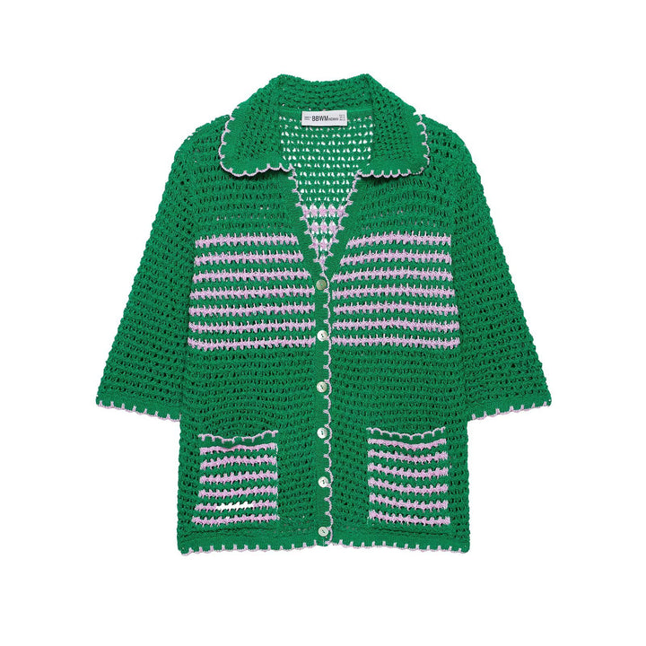 Damen Häkelstrickjacke mit kurzem Arm, Knopfleiste und Vintage-Kragen Echo Archiv