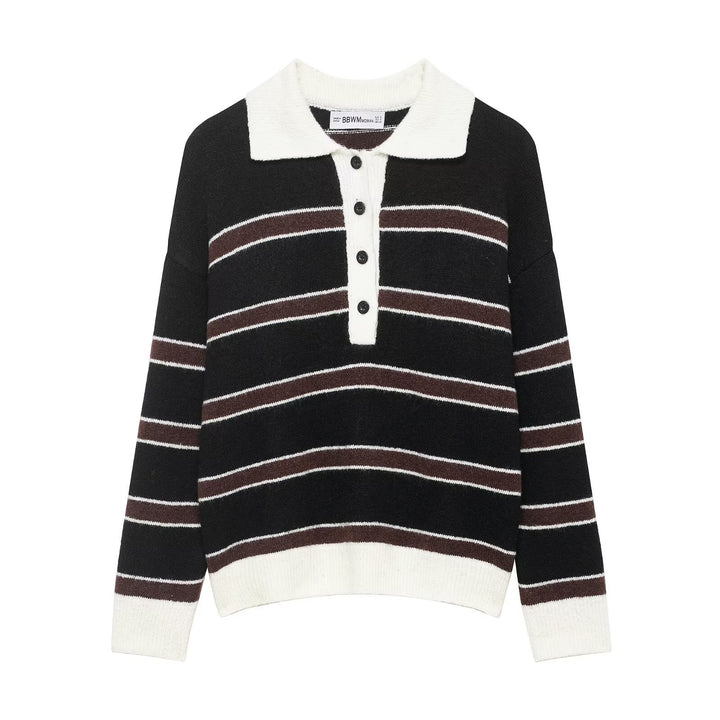 Damen Gestreifter Polokragen-Pullover aus weichem Strukturstrick mit Knopfleiste Echoarchiv