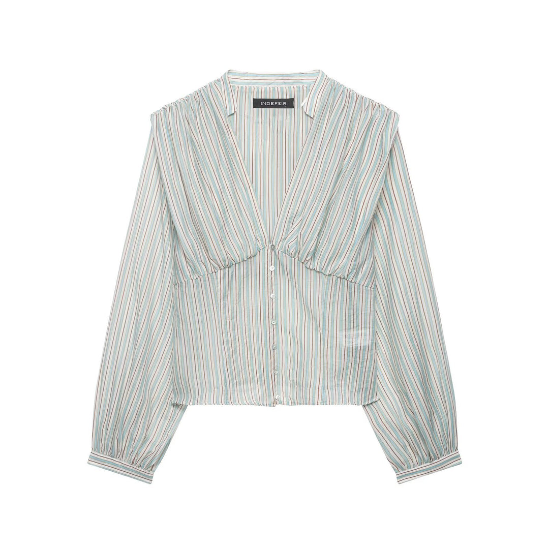 Damen Gestreifte Cropped-Bluse mit tiefem V-Ausschnitt und geraffter Unterbrustnaht Echo Archiv